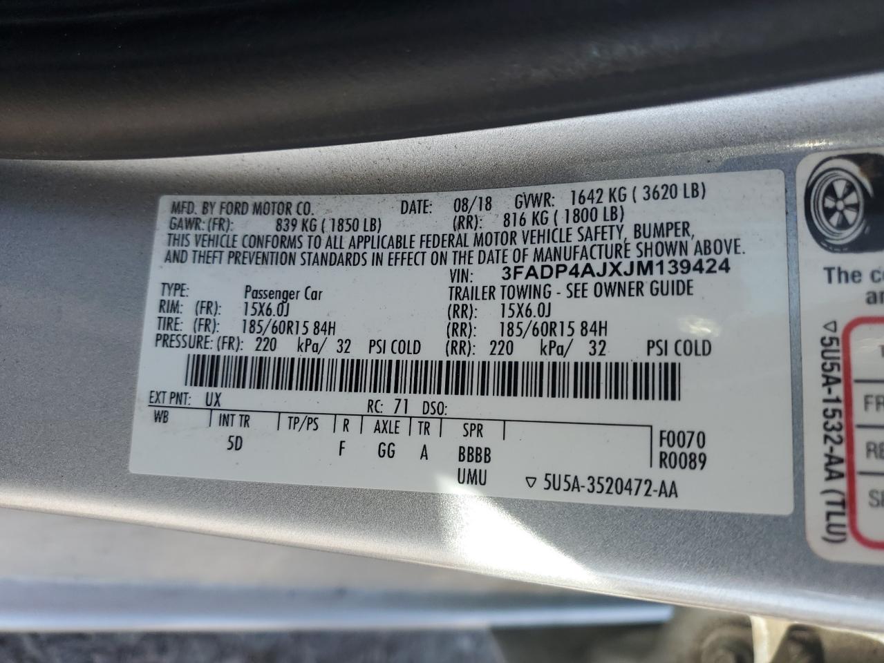 3FADP4AJXJM139424 2018 Ford Fiesta S