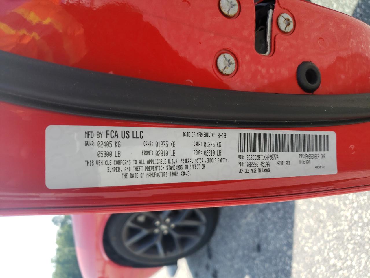 2019 Dodge Challenger R/T VIN: 2C3CDZBT1KH708774 Lot: 64139165