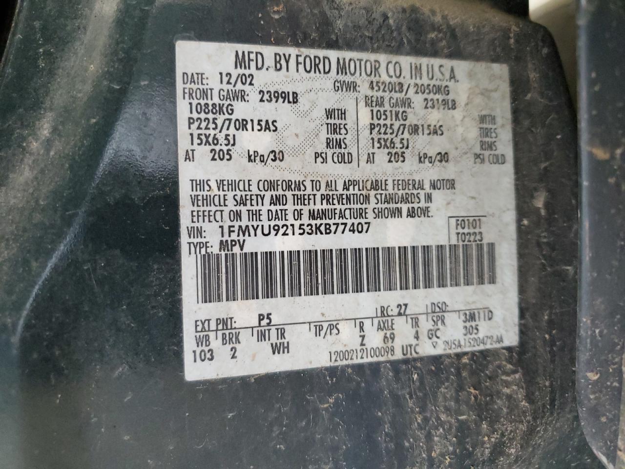 2003 Ford Escape Xls VIN: 1FMYU92153KB77407 Lot: 62953535