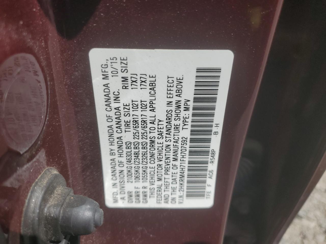 2015 Honda Cr-V Exl VIN: 2HKRM4H71FH707592 Lot: 63922245