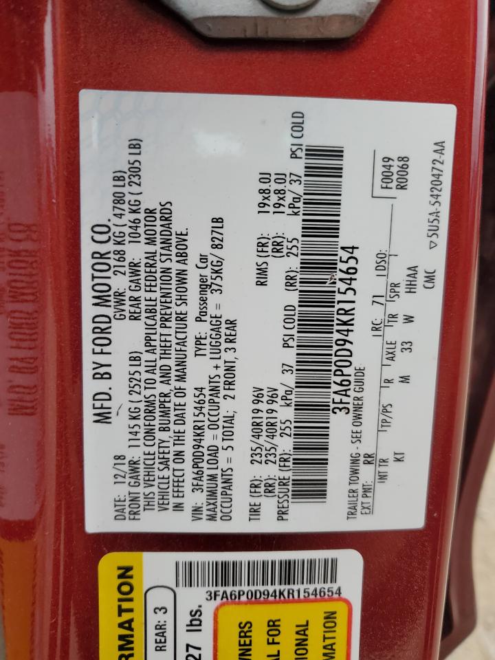 2019 Ford Fusion Titanium VIN: 3FA6P0D94KR154654 Lot: 64683525