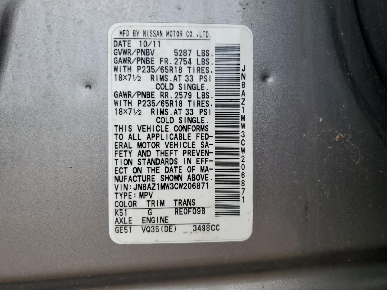 2012 Nissan Murano S VIN: JN8AZ1MW3CW206871 Lot: 64742735