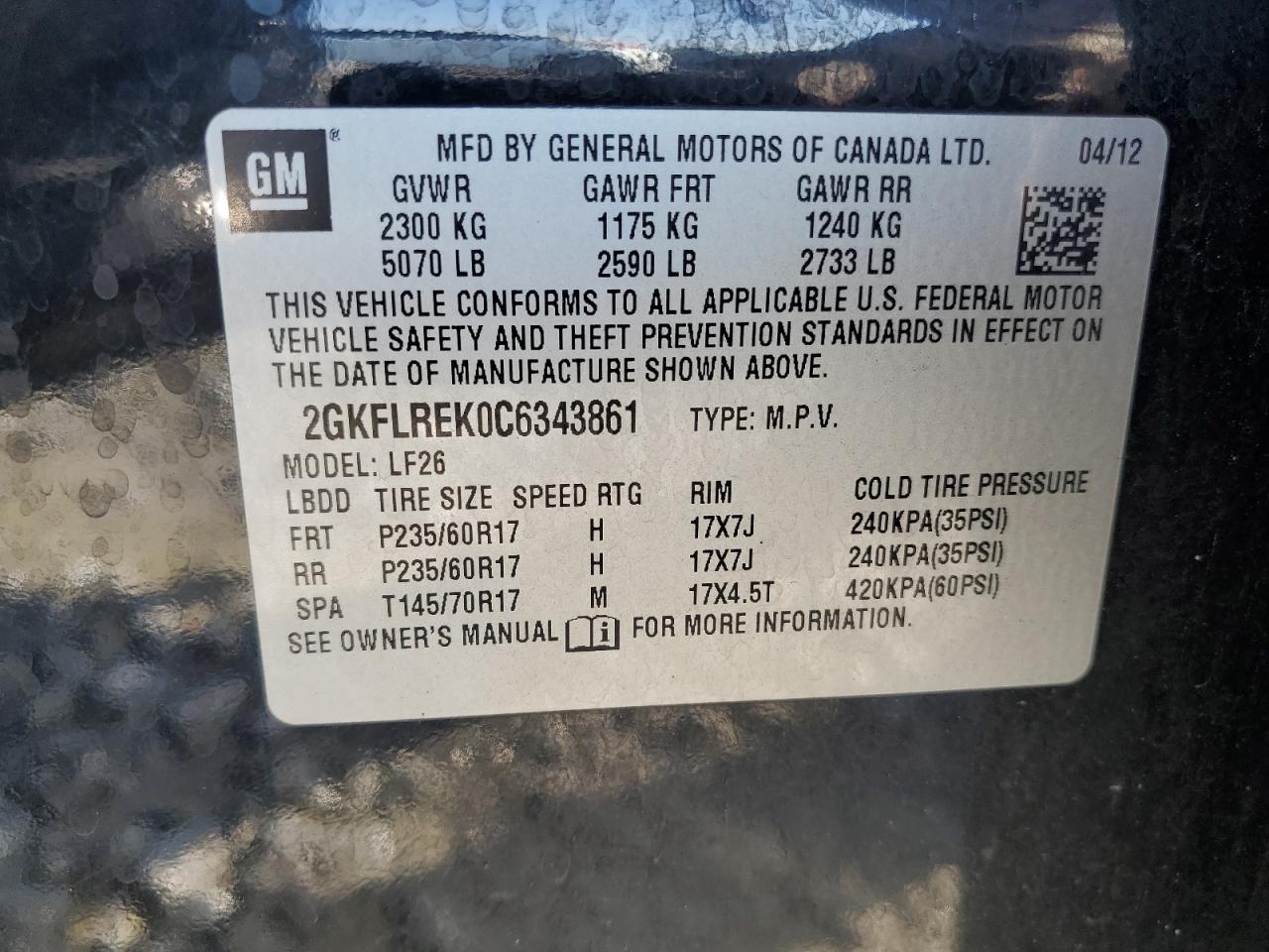 2012 GMC Terrain Sle VIN: 2GKFLREK0C6343861 Lot: 65219155