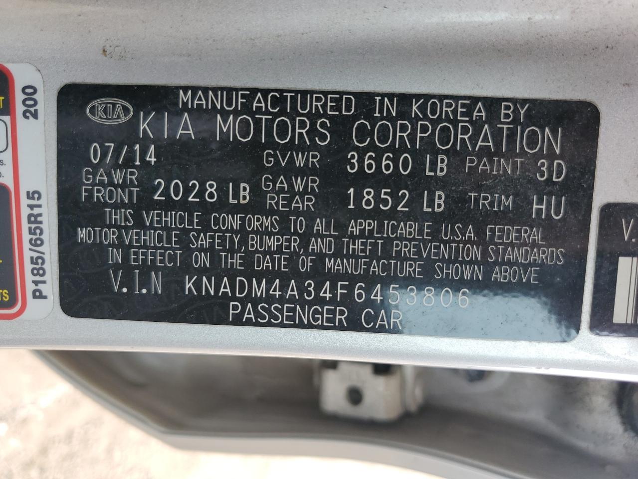 2015 Kia Rio Lx VIN: KNADM4A34F6453806 Lot: 66555025