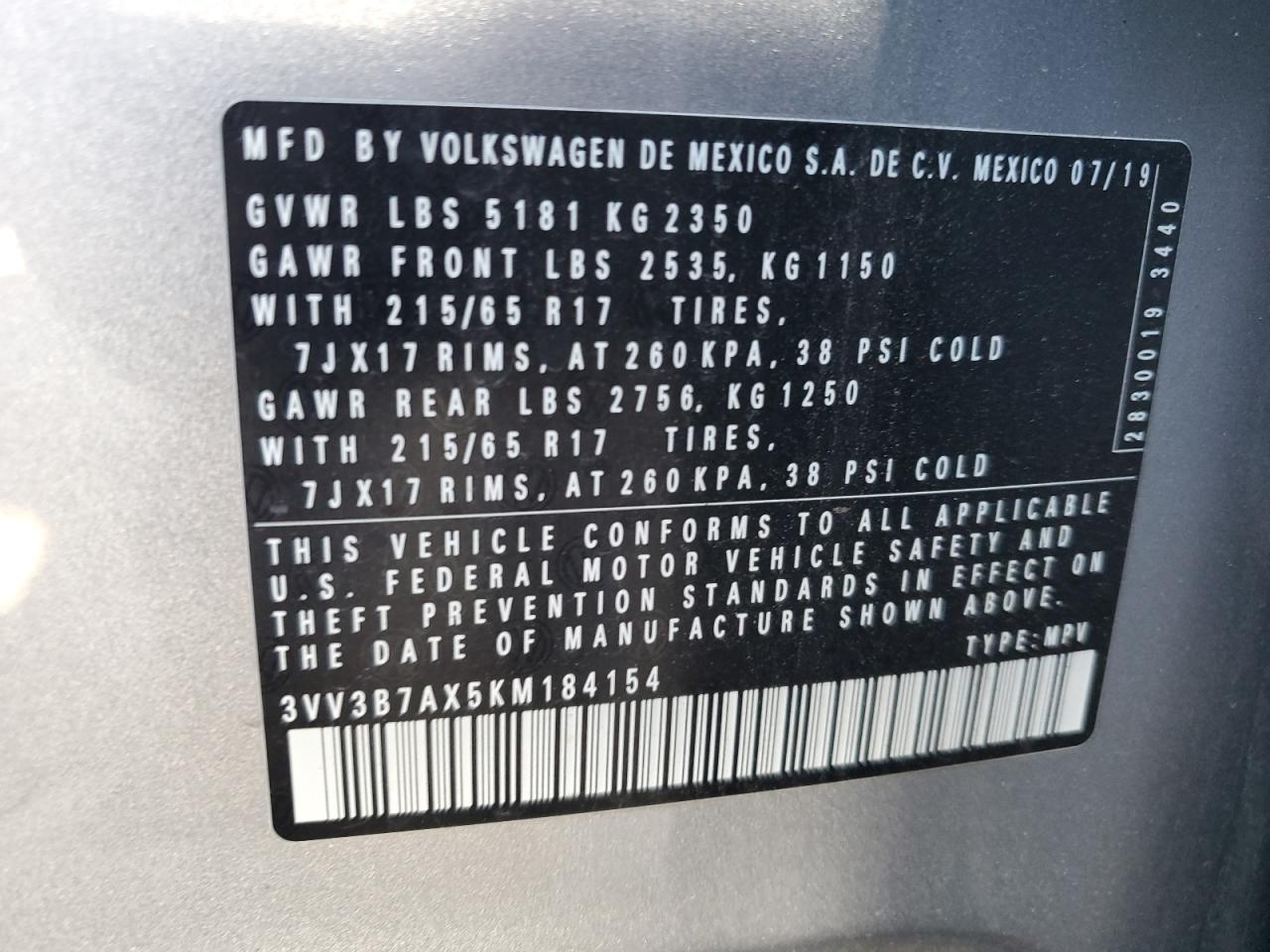 2019 Volkswagen Tiguan Se VIN: 3VV3B7AX5KM184154 Lot: 64244785