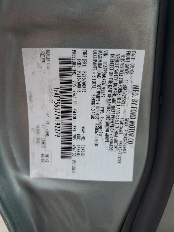 2007 Ford Taurus Sel VIN: 1FAFP56U77A192279 Lot: 65155845