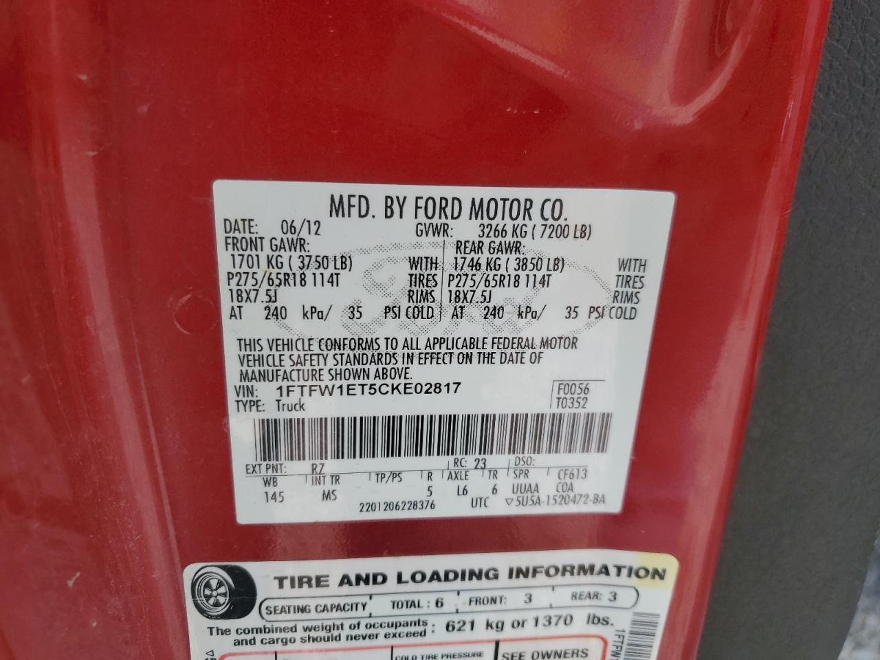 2012 Ford F150 Supercrew VIN: 1FTFW1ET5CKE02817 Lot: 63490985