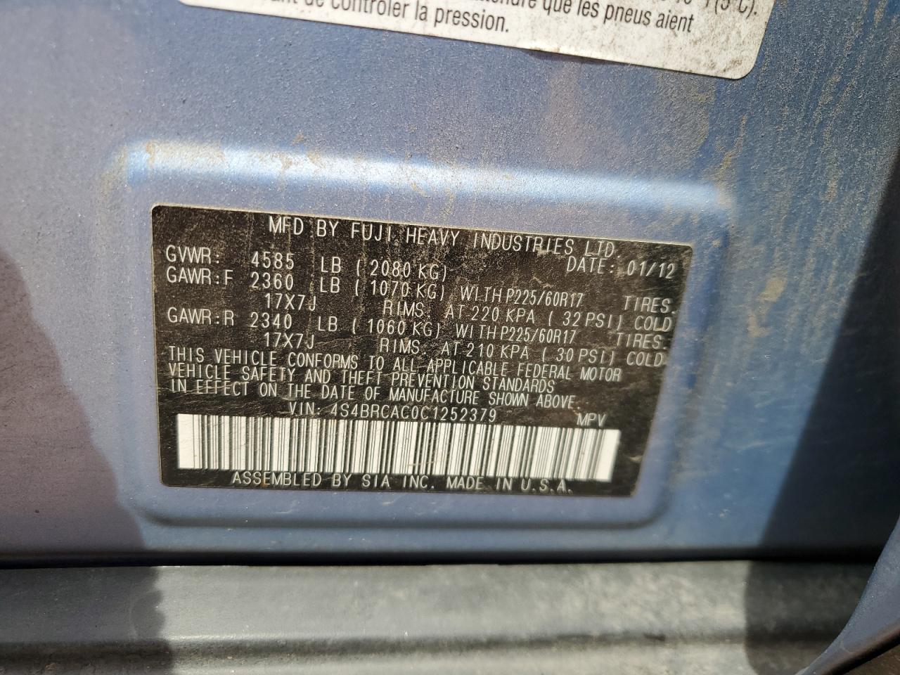 2012 Subaru Outback 2.5I VIN: 4S4BRCAC0C1252379 Lot: 65549325