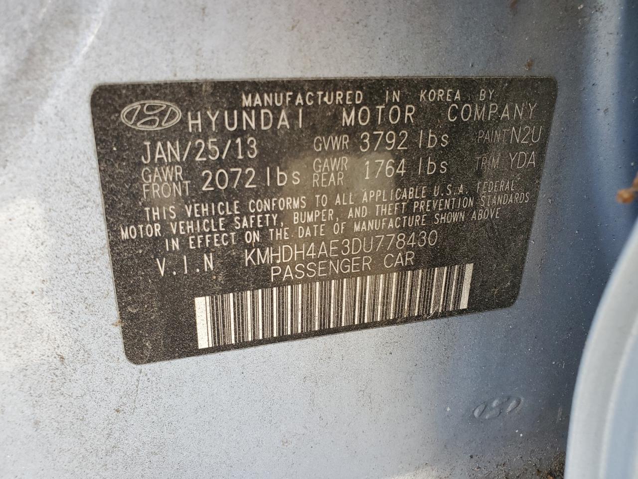 2013 Hyundai Elantra Gls VIN: KMHDH4AE3DU778430 Lot: 64794215