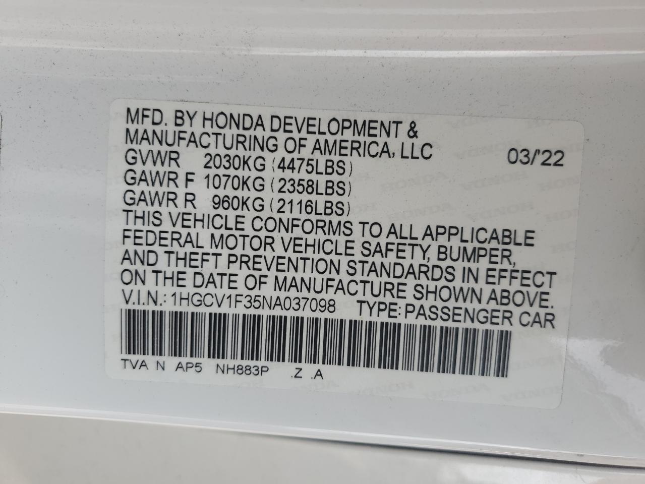 2022 Honda Accord Sport VIN: 1HGCV1F35NA037098 Lot: 65392015