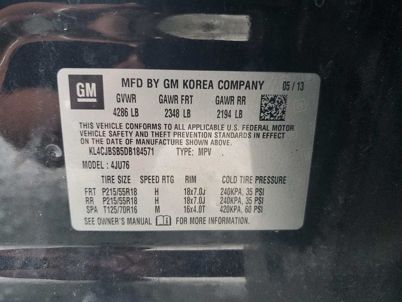 2013 Buick Encore Convenience VIN: KL4CJBSB5DB184571 Lot: 65168015