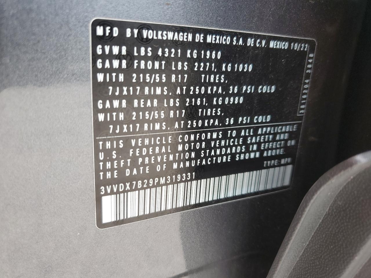 2023 Volkswagen Taos S VIN: 3VVDX7B29PM319331 Lot: 64008455