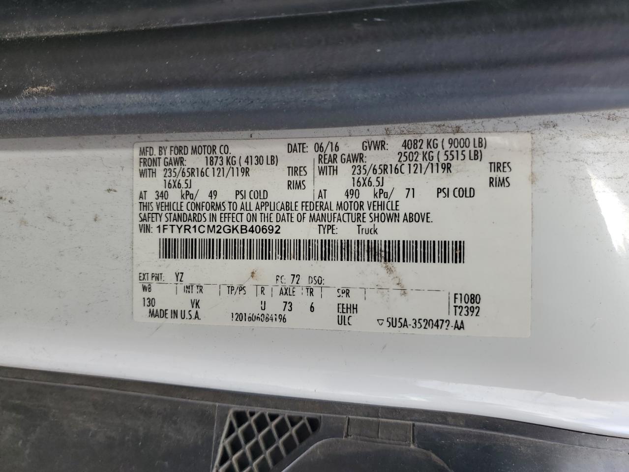 2016 Ford Transit T-250 VIN: 1FTYR1CM2GKB40692 Lot: 63743235
