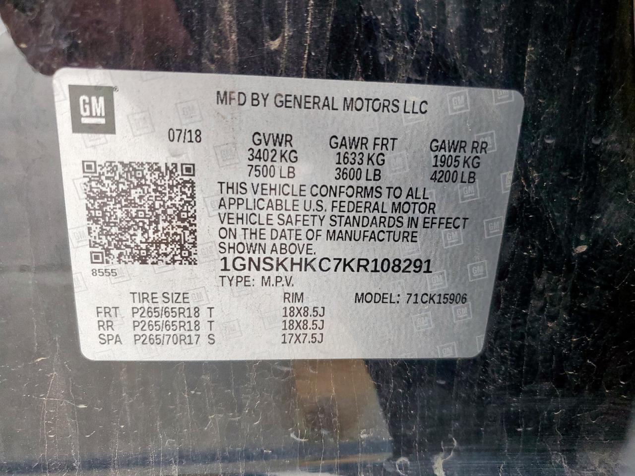 2019 Chevrolet Suburban K1500 Lt VIN: 1GNSKHKC7KR108291 Lot: 64788535
