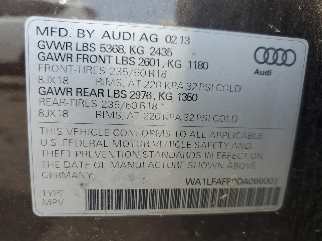 2013 Audi Q5 Premium Plus VIN: WA1LFAFP0DA066001 Lot: 63902405