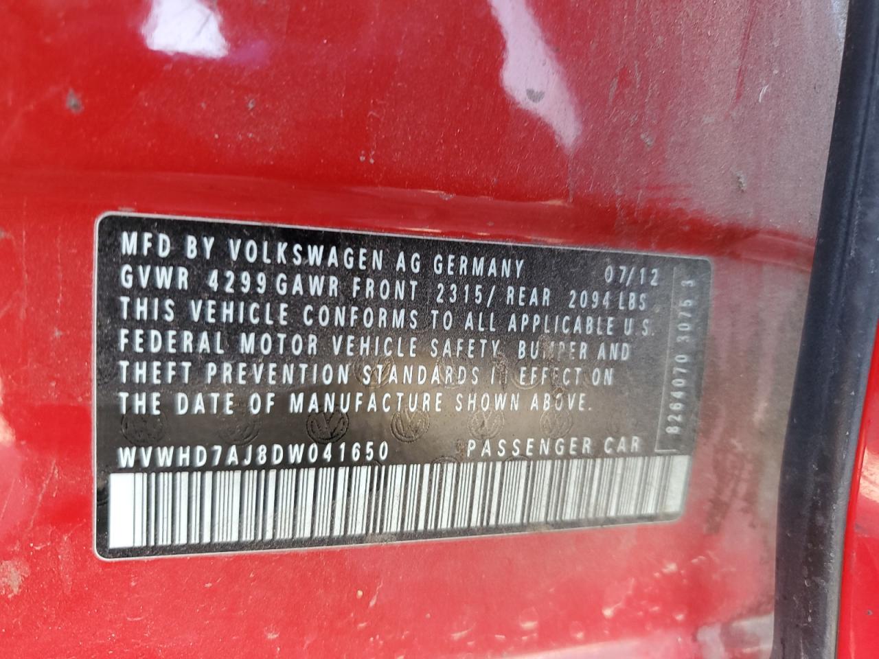2013 Volkswagen Gti VIN: WVWHD7AJ8DW041650 Lot: 65083155