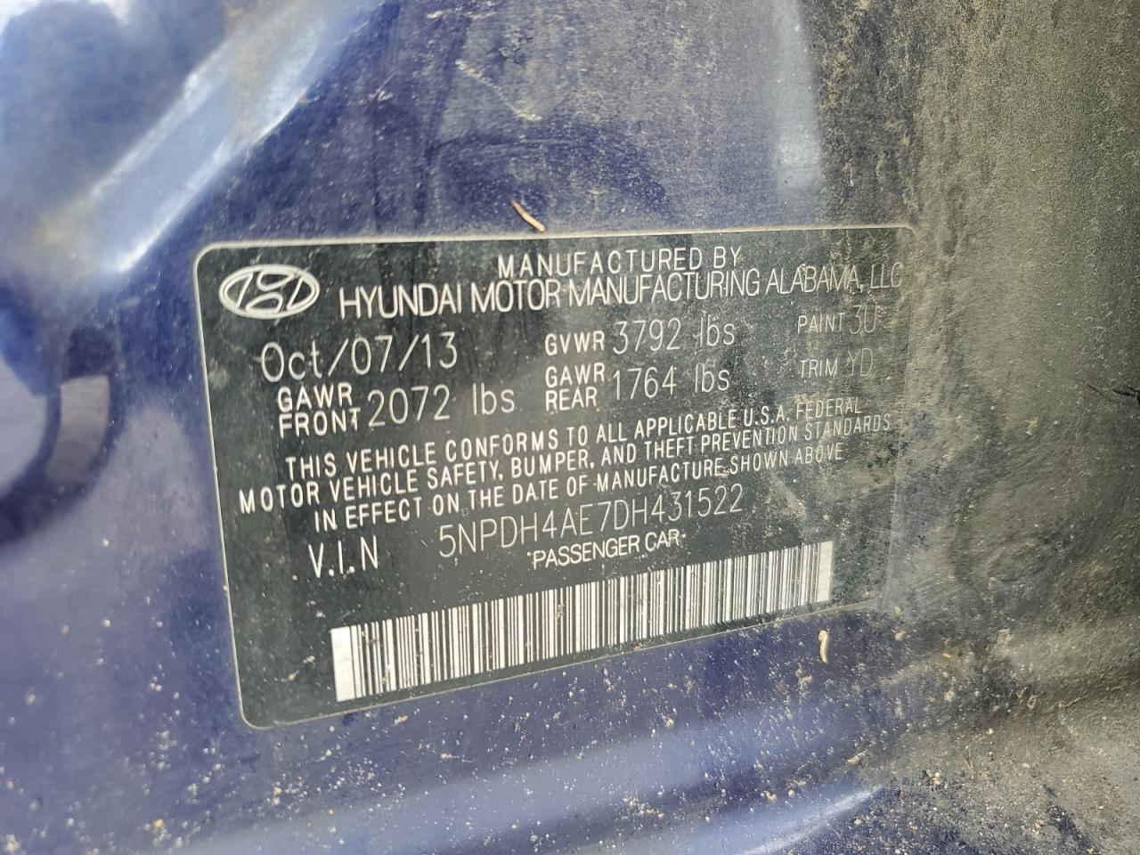 2013 Hyundai Elantra Gls VIN: 5NPDH4AE7DH431522 Lot: 64021175