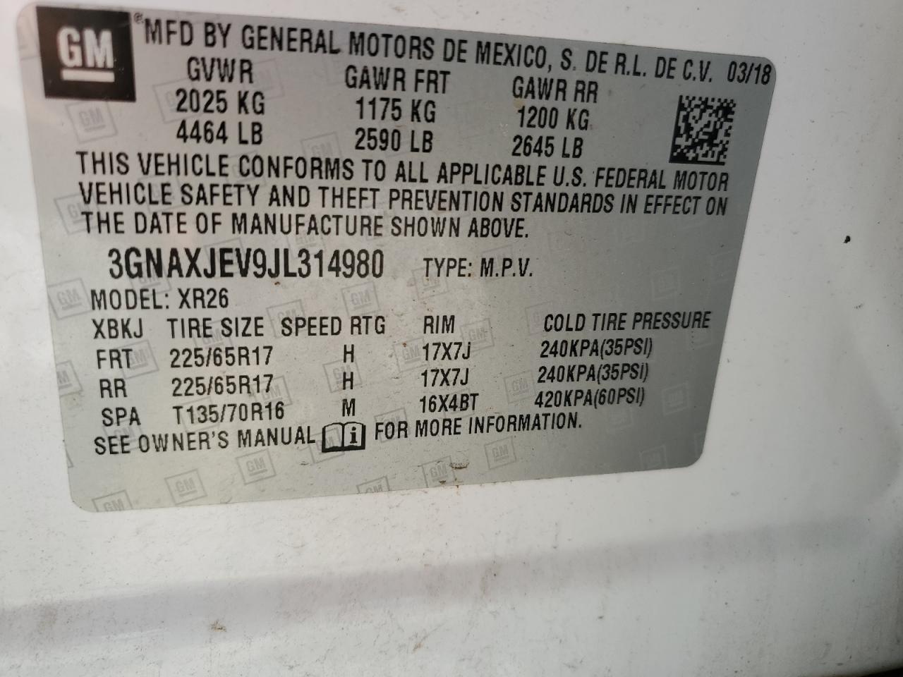 2018 Chevrolet Equinox Lt VIN: 3GNAXJEV9JL314980 Lot: 64293695