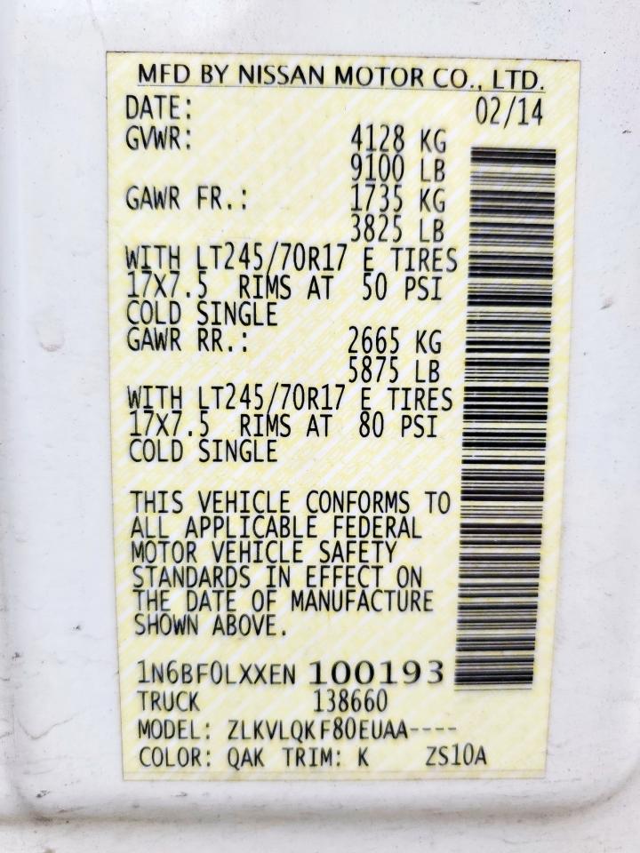 2014 Nissan Nv 2500 VIN: 1N6BF0LXXEN100193 Lot: 65096795