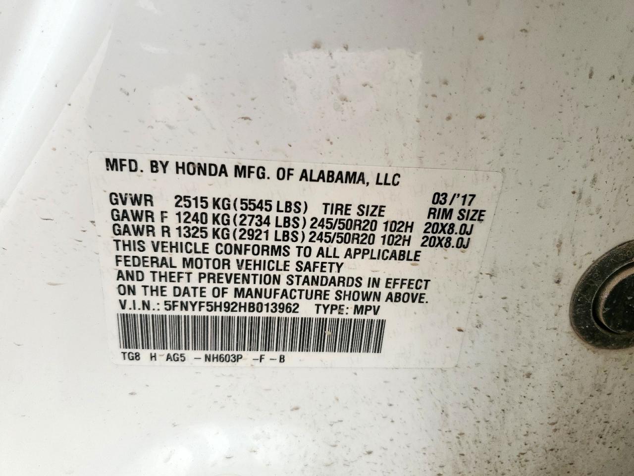 2017 Honda Pilot Touring VIN: 5FNYF5H92HB013962 Lot: 64367175