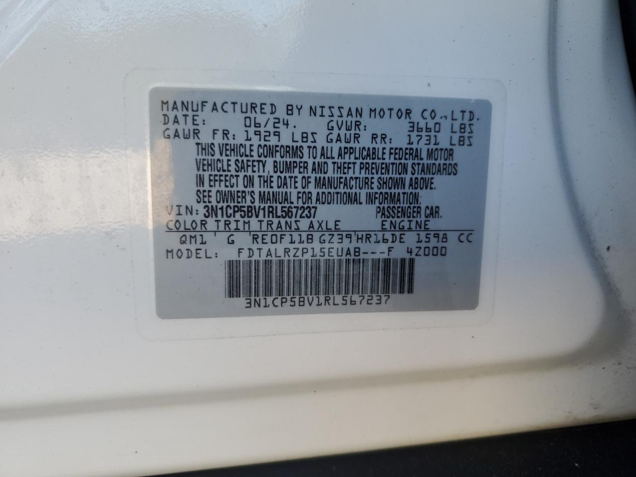 2024 Nissan Kicks S VIN: 3N1CP5BV1RL567237 Lot: 65082985