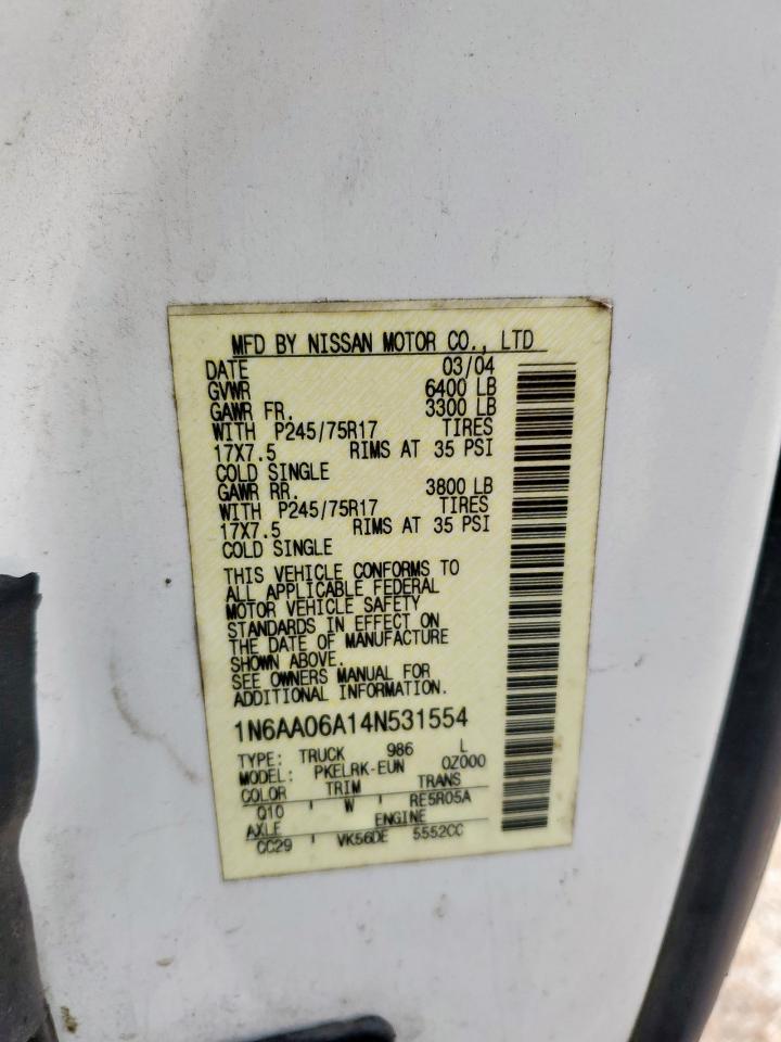 2004 Nissan Titan Xe VIN: 1N6AA06A14N531554 Lot: 63535055