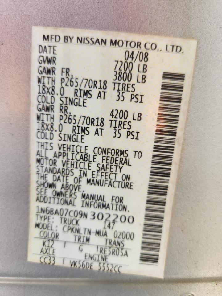 2009 Nissan Titan Xe VIN: 1N6BA07C09N302200 Lot: 64671235