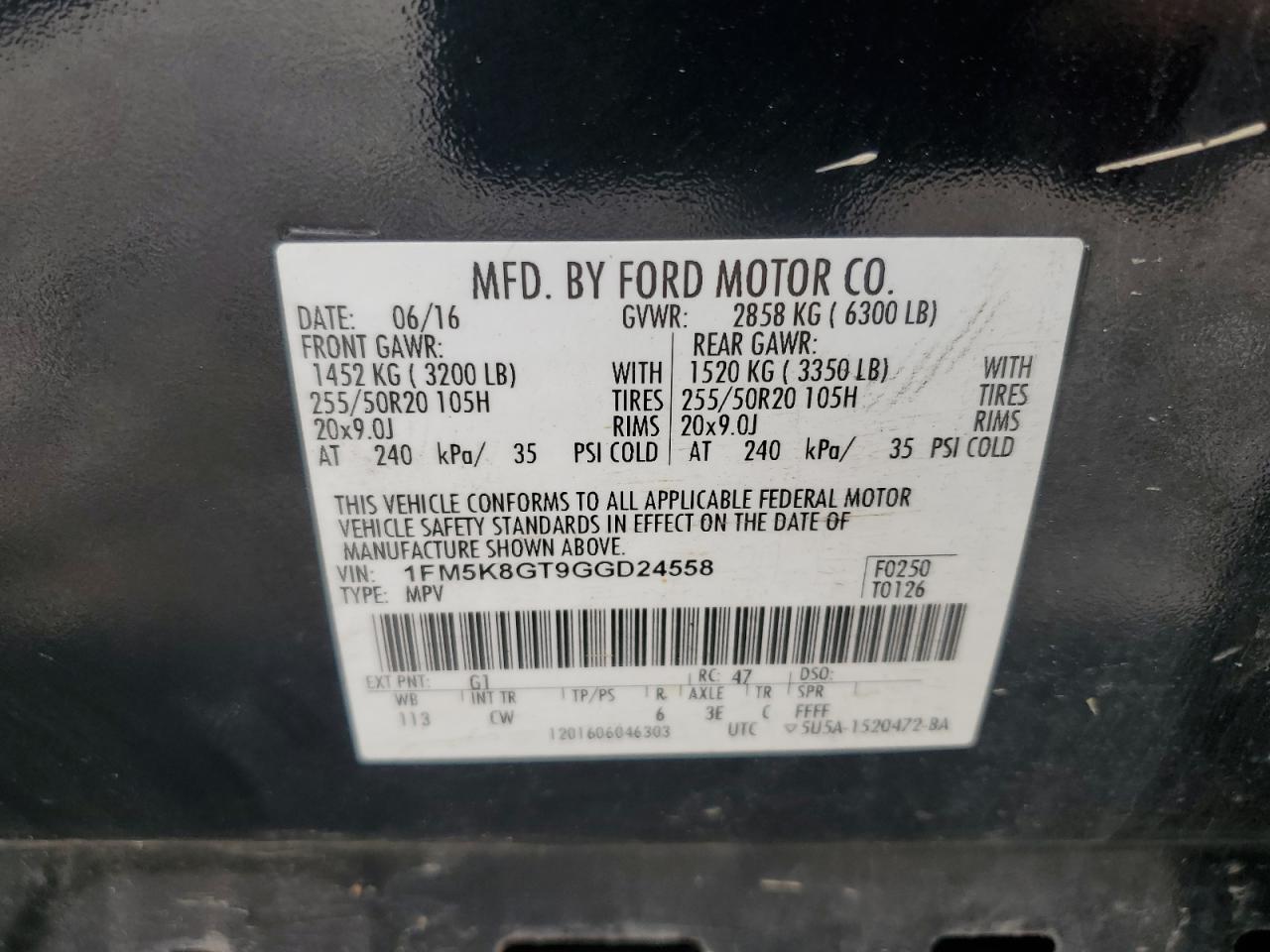 2016 Ford Explorer Sport VIN: 1FM5K8GT9GGD24558 Lot: 64359955
