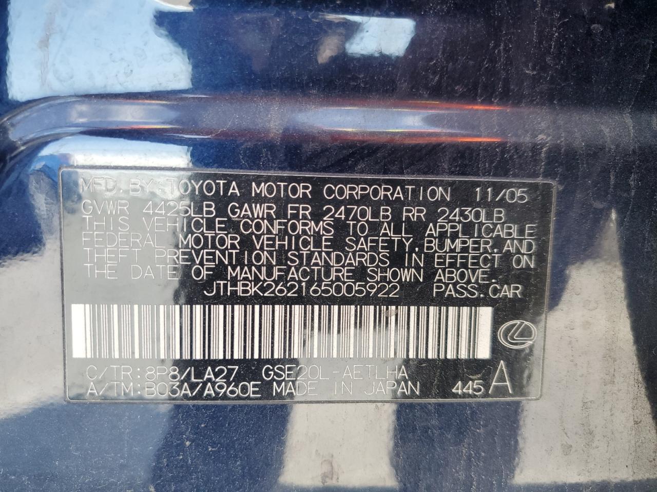 2006 Lexus Is 250 VIN: JTHBK262165005922 Lot: 65063205