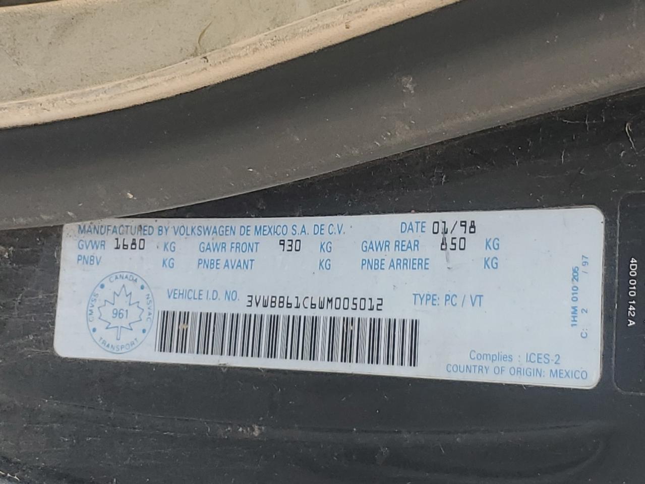 1998 Volkswagen New Beetle VIN: 3VWBB61C6WM005012 Lot: 63040725