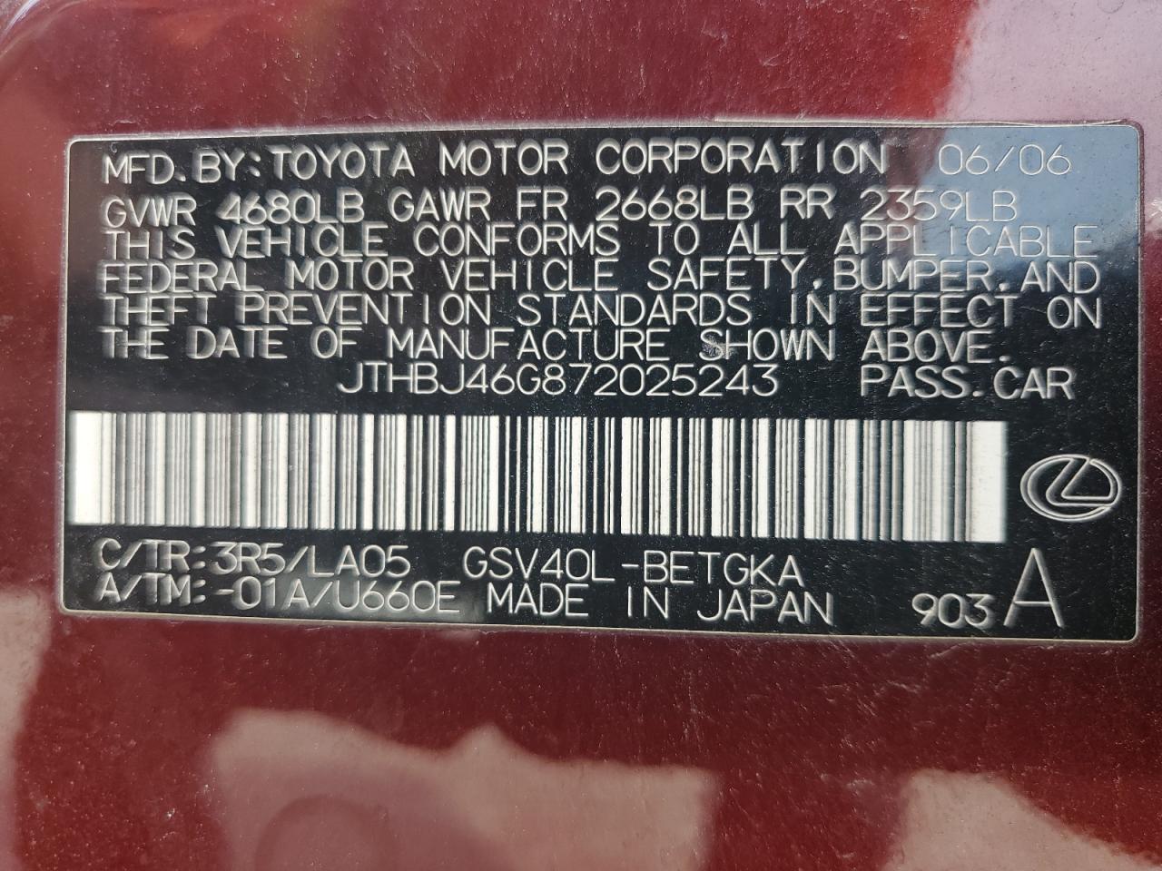 2007 Lexus Es 350 VIN: JTHBJ46G872025243 Lot: 64193445