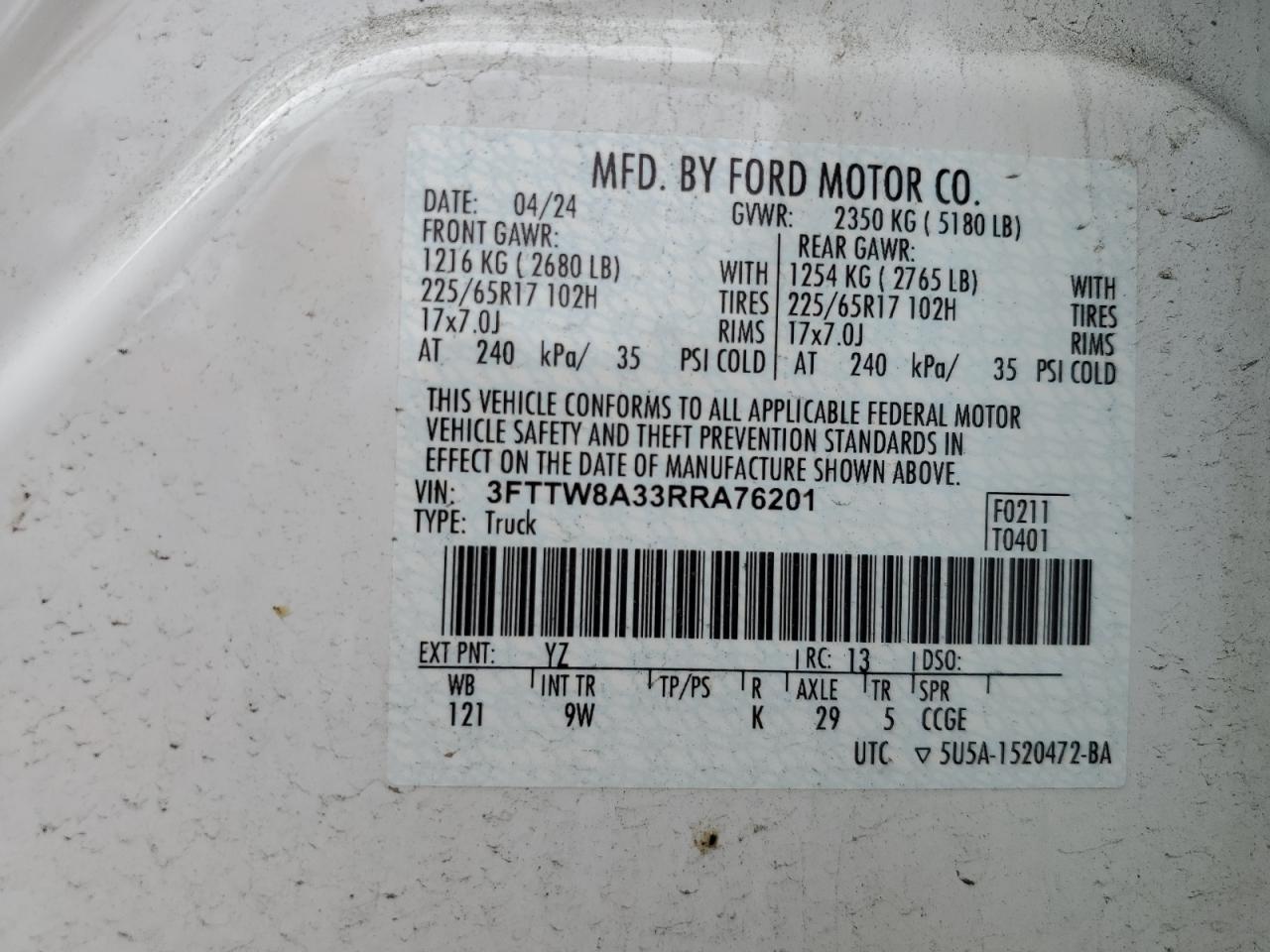 3fttw8a33rra76201 3FTTW8A33RRA76201 2024 Ford Maverick Xl