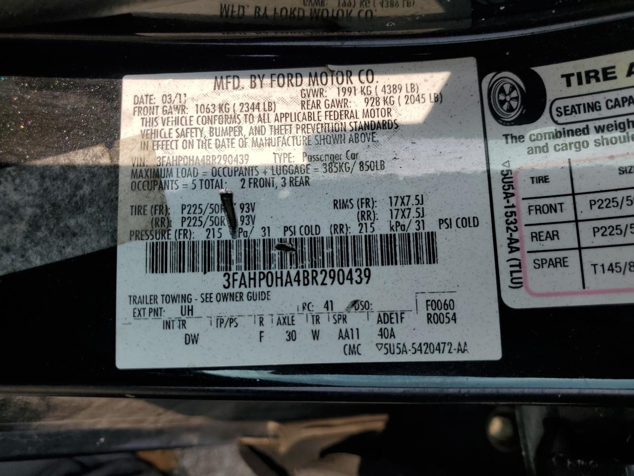 2011 Ford Fusion Se VIN: 3FAHP0HA4BR290439 Lot: 64045435