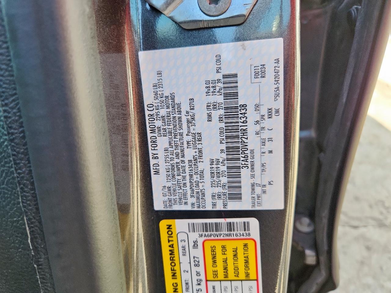 2017 Ford Fusion Sport VIN: 3FA6P0VP2HR163438 Lot: 65373715
