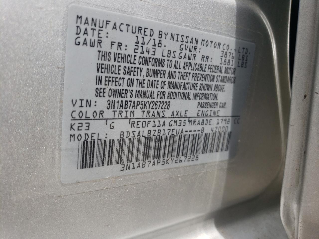 3N1AB7AP5KY267228 NISSAN SENTRA 2019