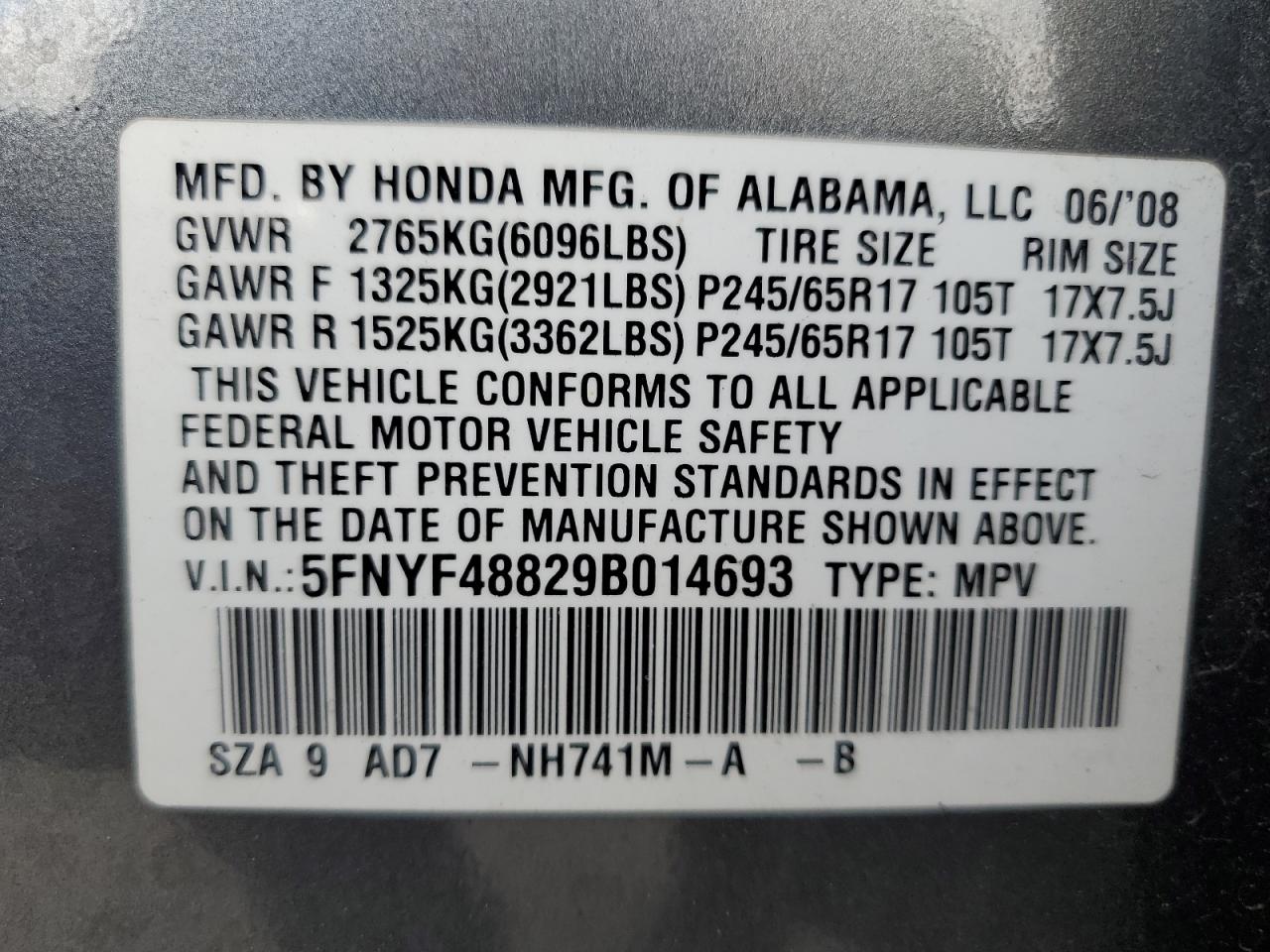 2009 Honda Pilot Touring VIN: 5FNYF48829B014693 Lot: 65152355