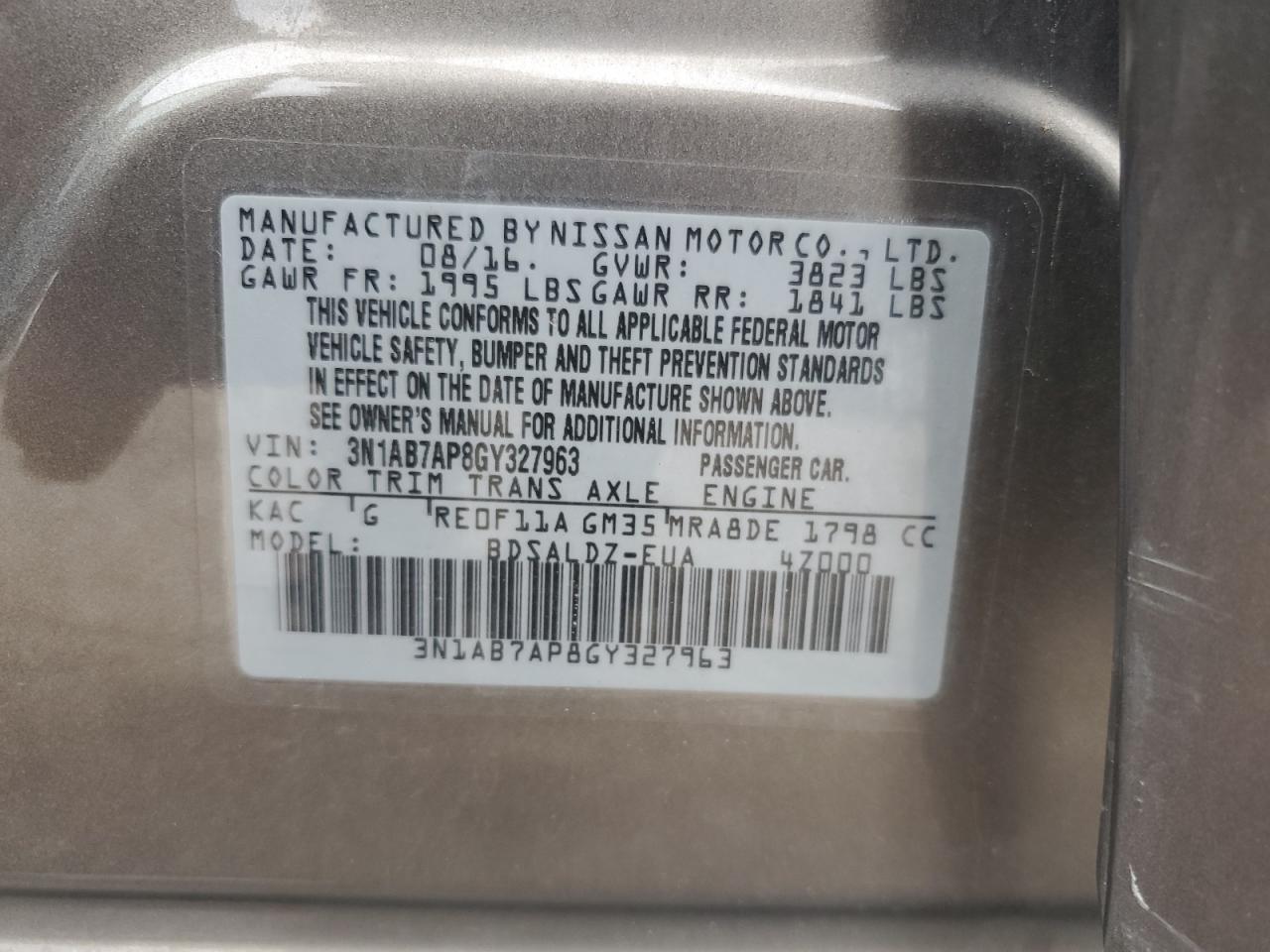 2016 Nissan Sentra S VIN: 3N1AB7AP8GY327963 Lot: 65060905