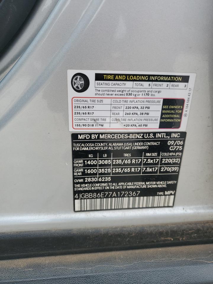 2007 Mercedes-Benz Ml 350 VIN: 4JGBB86E77A172367 Lot: 64978165