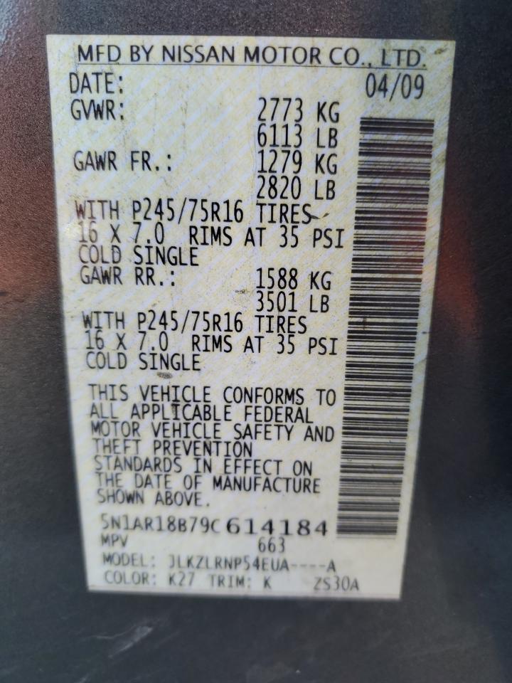 2009 Nissan Pathfinder S VIN: 5N1AR18B79C614184 Lot: 66558205