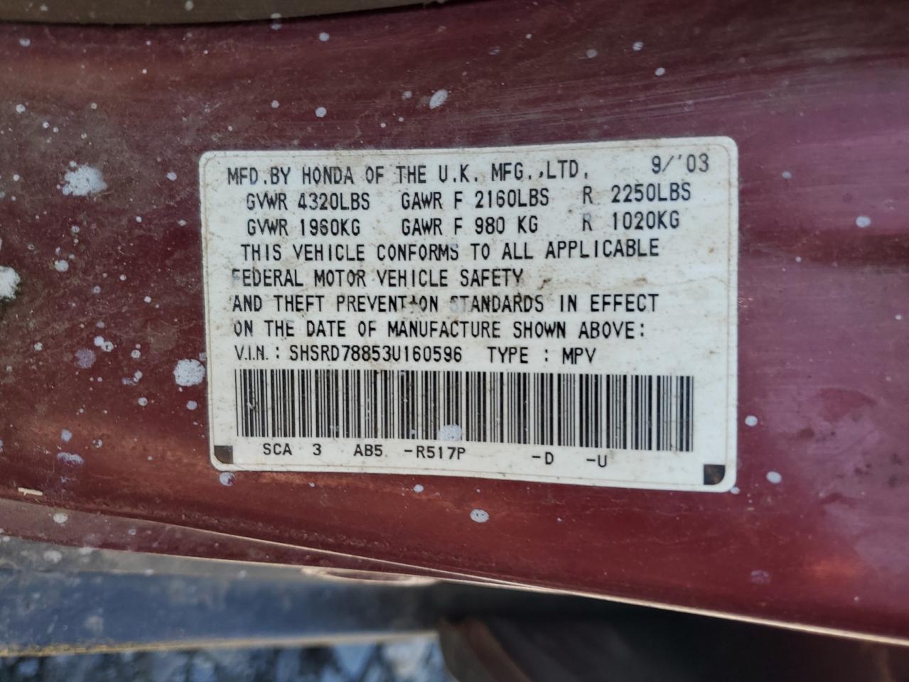 2003 Honda Cr-V Ex VIN: SHSRD78853U160596 Lot: 64221095