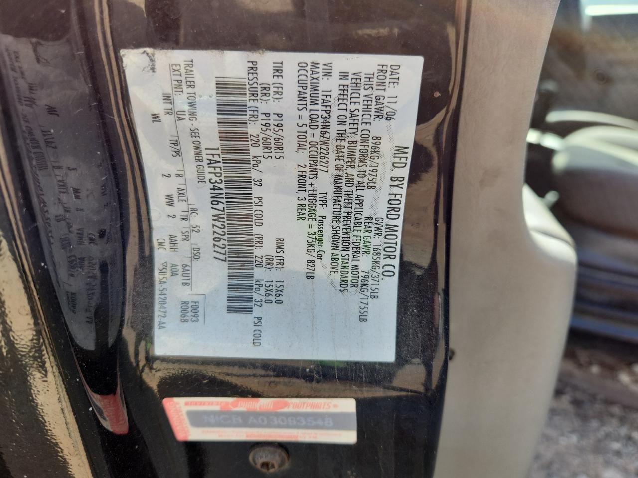 2007 Ford Focus Zx4 VIN: 1FAFP34N67W226277 Lot: 65024365