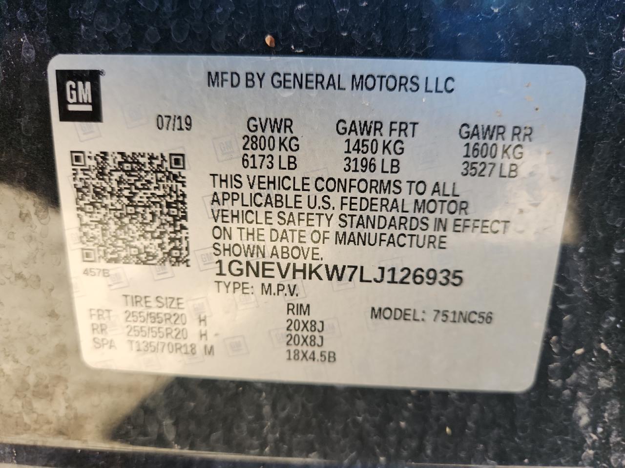 2020 Chevrolet Traverse Lt VIN: 1GNEVHKW7LJ126935 Lot: 62766155