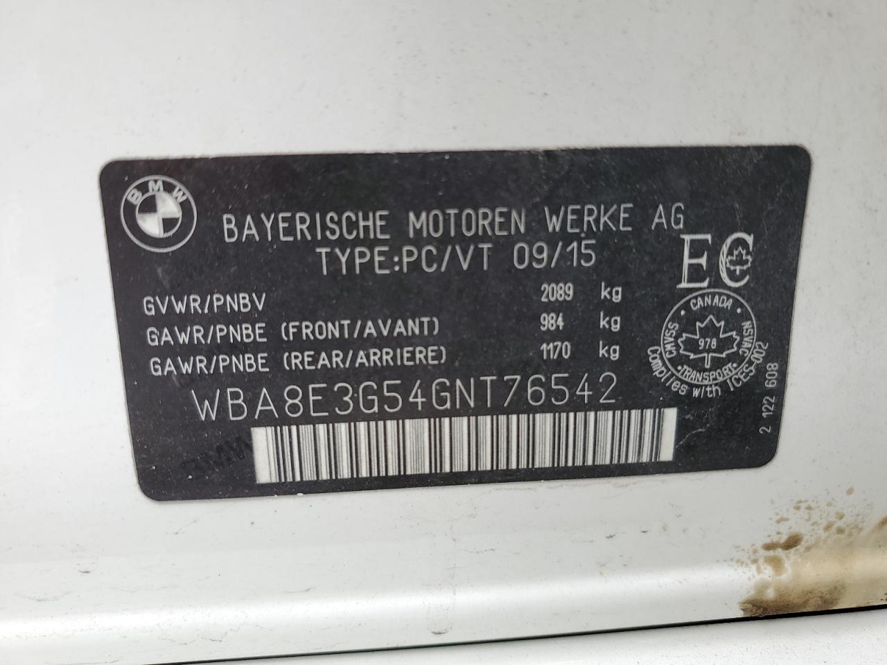 2016 BMW 328 Xi Sulev VIN: WBA8E3G54GNT76542 Lot: 62506955