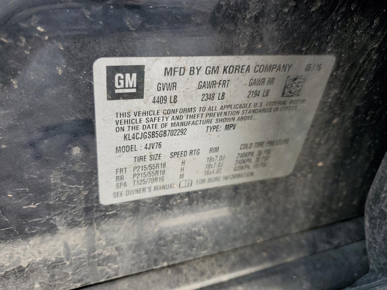 2016 Buick Encore VIN: KL4CJGSB5GB702292 Lot: 65119755