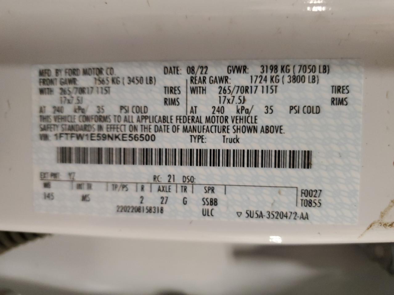 2022 Ford F150 Supercrew VIN: 1FTFW1E59NKE56500 Lot: 63595185