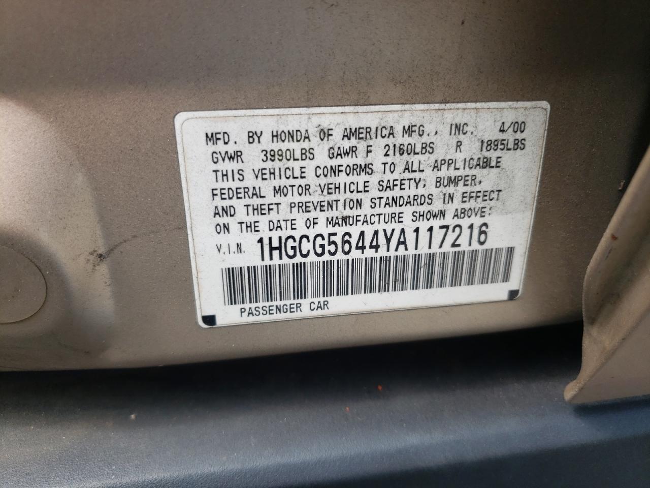 2000 Honda Accord Lx VIN: 1HGCG5644YA117216 Lot: 64634275