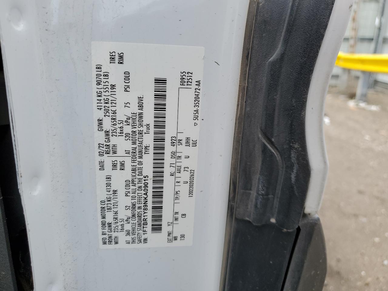 2022 Ford Transit T-250 VIN: 1FTBR1Y89NKA09015 Lot: 65049565