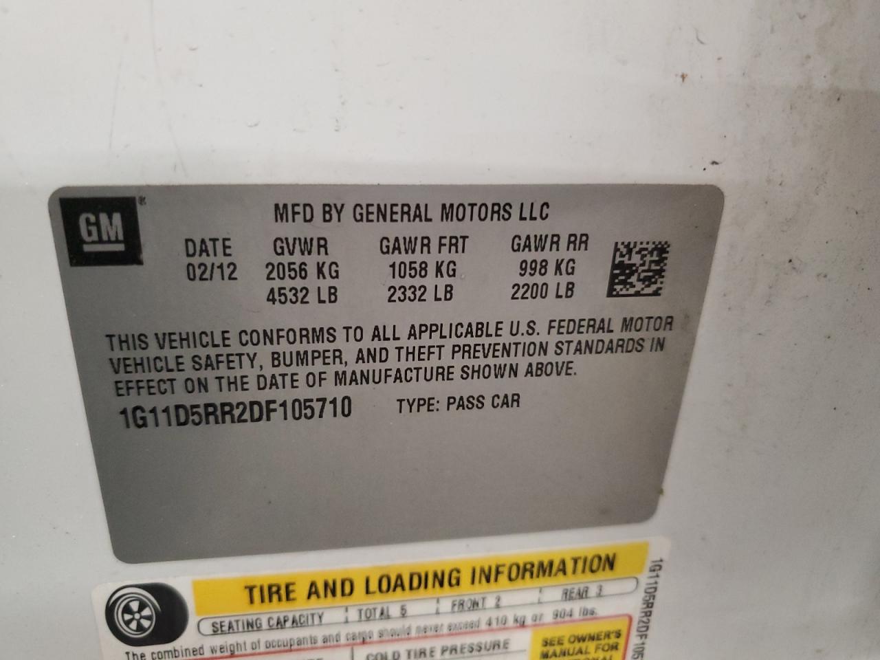 1g11d5rr2df105710 1G11D5RR2DF105710 2013 Chevrolet Malibu 1Lt