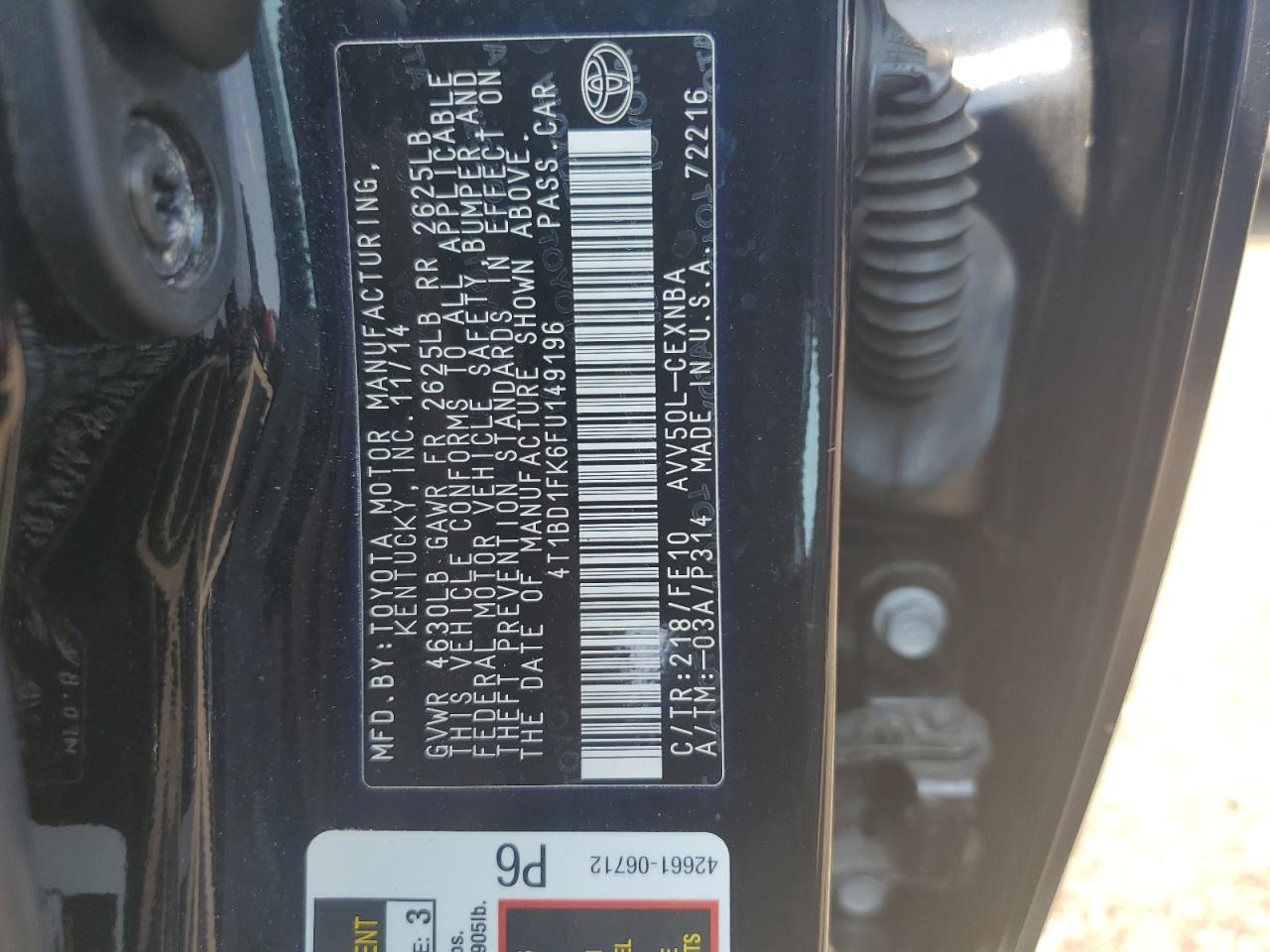 2015 Toyota Camry Hybrid VIN: 4T1BD1FK6FU149196 Lot: 63625695