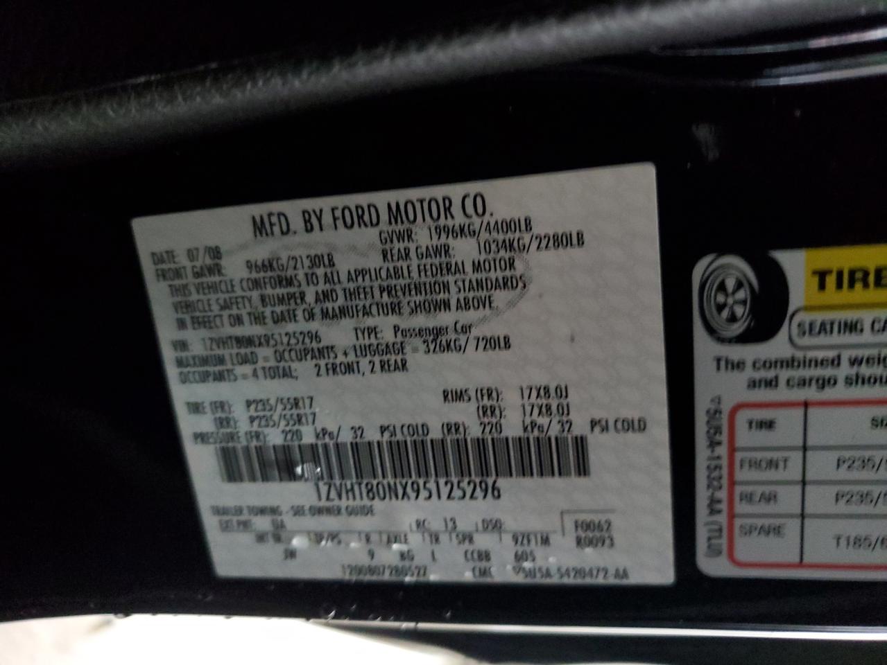 2009 Ford Mustang VIN: 1ZVHT80NX95125296 Lot: 64722265